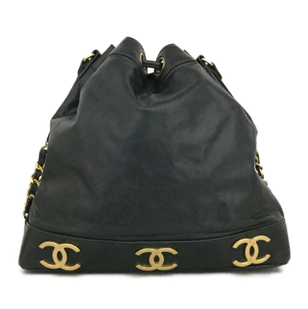 CHANEL Navy blue Triple Coco CC Logo Lambskin Drawstring Shoulder Bag - Picture 4 of 11